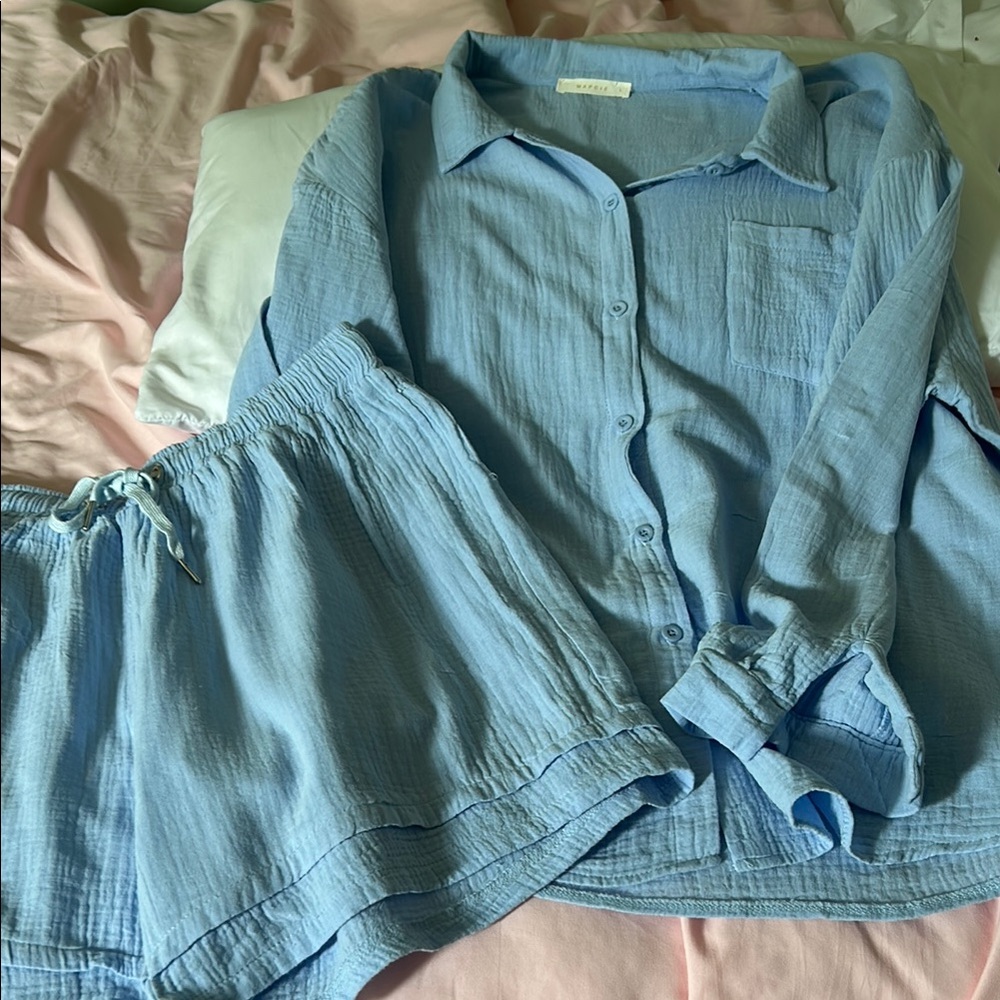 Light Blue Button-Up Shirt and Shorts Set